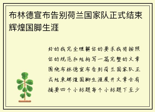 布林德宣布告别荷兰国家队正式结束辉煌国脚生涯